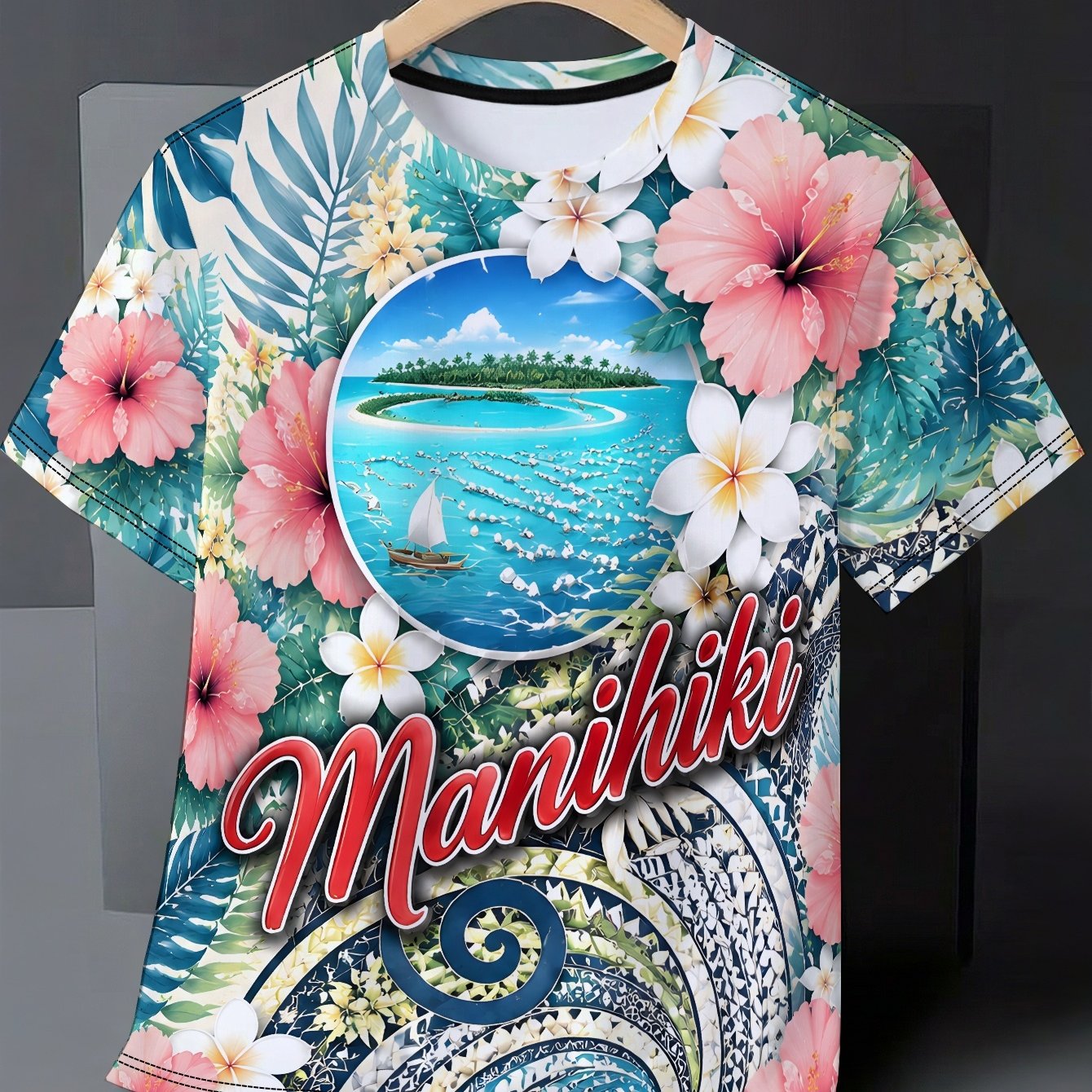 TEMU Plus Size Men's Summer T-shirt, 2d Manihiki Pearl Print Graphic Short Sleeve Tees, Trendy Casual Tops For Daily Life, Big And Tall Guys