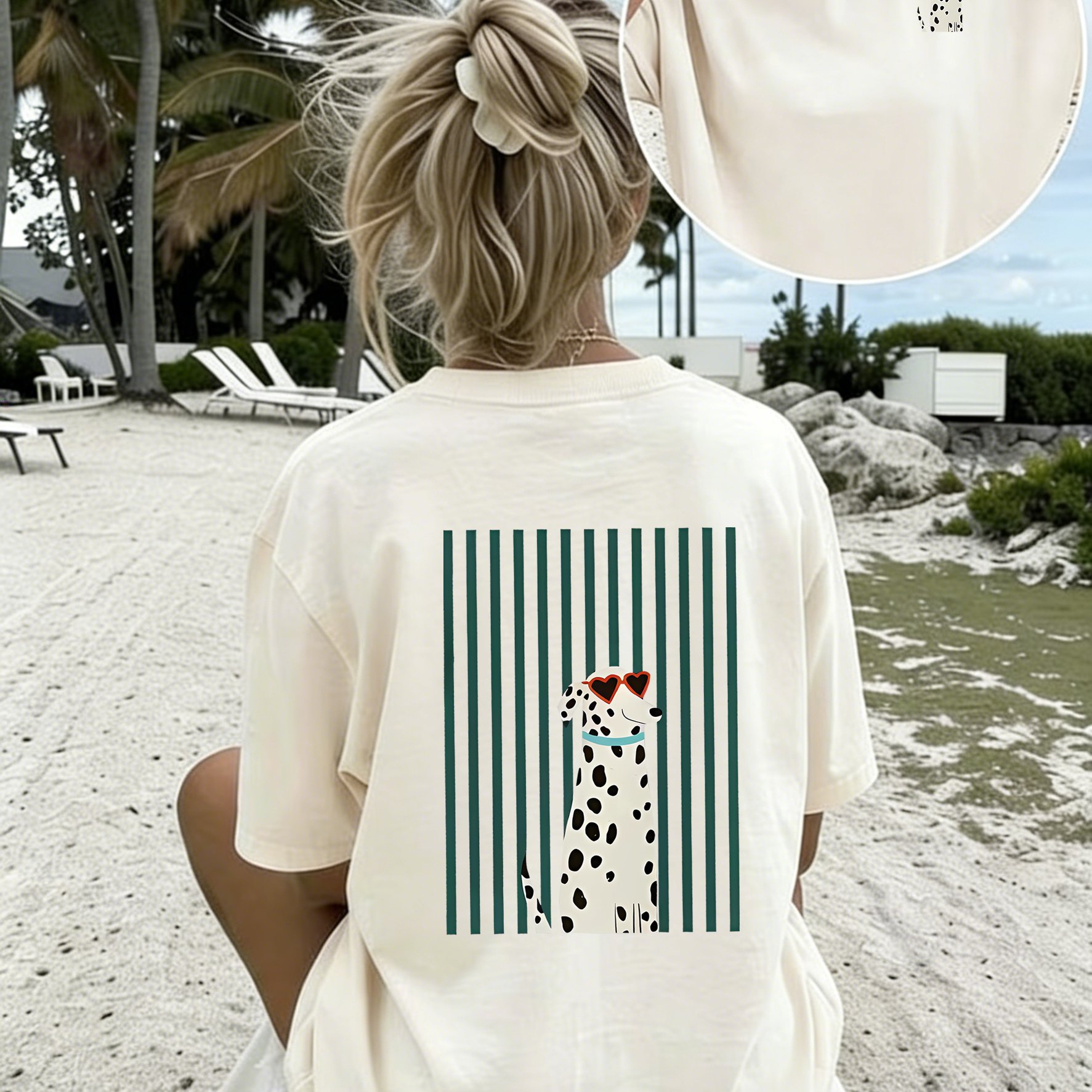 TEMU Women'-sided Print Crew Neck T-shirt, Cute Dalmatian Dog With Sunglasses Graphic Tee, Casual Short Sleeve Comfortable Top, & Daily Wear