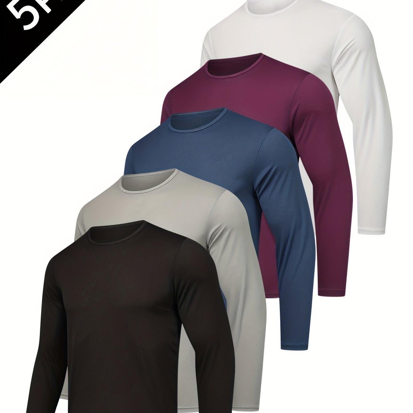 5-pc Of Men's Long Sleeve T-shirts - Made Of 100% Polyester, Moisture-wicking, Breathable, Lightweight Sports Tops For Autumn, Solid Color, Regular Fit, Pullover Style
