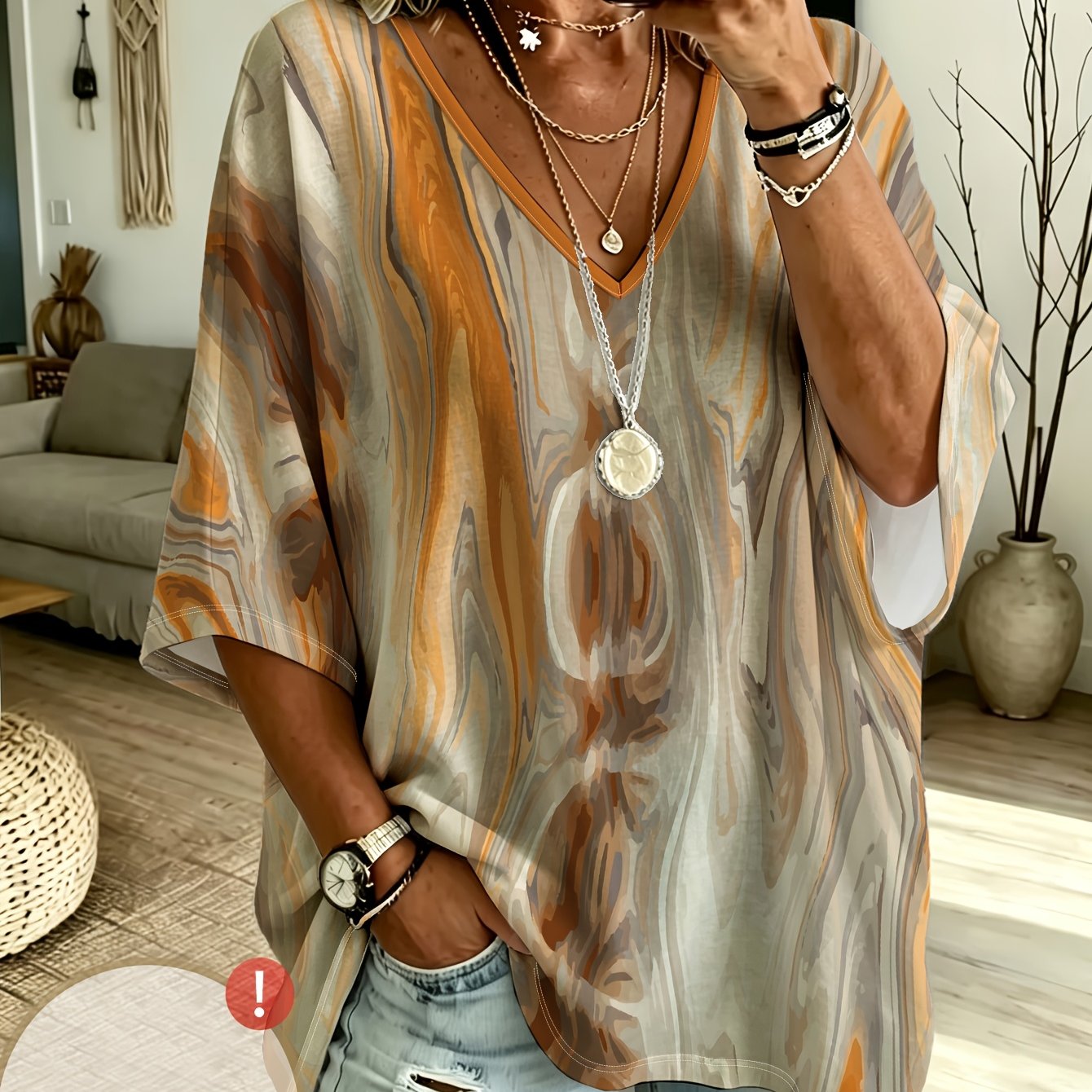 TEMU Plus Size Women's Casual V-neck Three-quarter Sleeve, Marble Print Loose Drapey Top