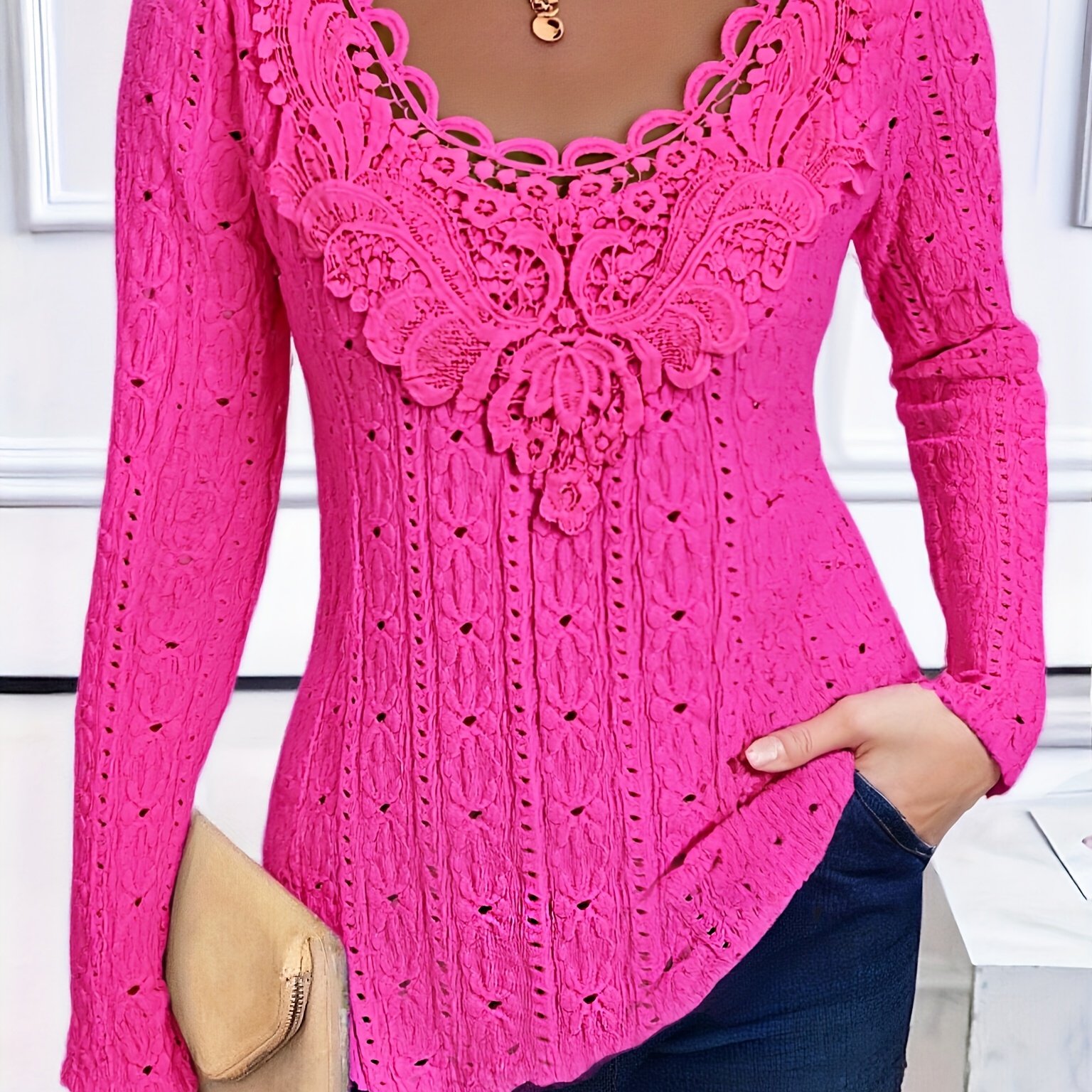 Image of Women's Fashion Elegant Textured Jacquard Lace Collar Long Sleeve T-shirt