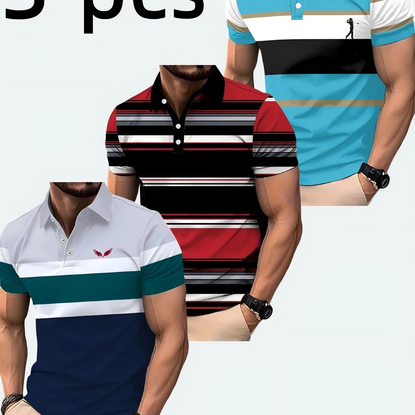 Image of Men's Shirt 3pcs Short Sleeve Casual Streetwear Color Block Striped Wing Pattern Men's Fashion Adults Men Summer Beach Vacation Casual Sportswear