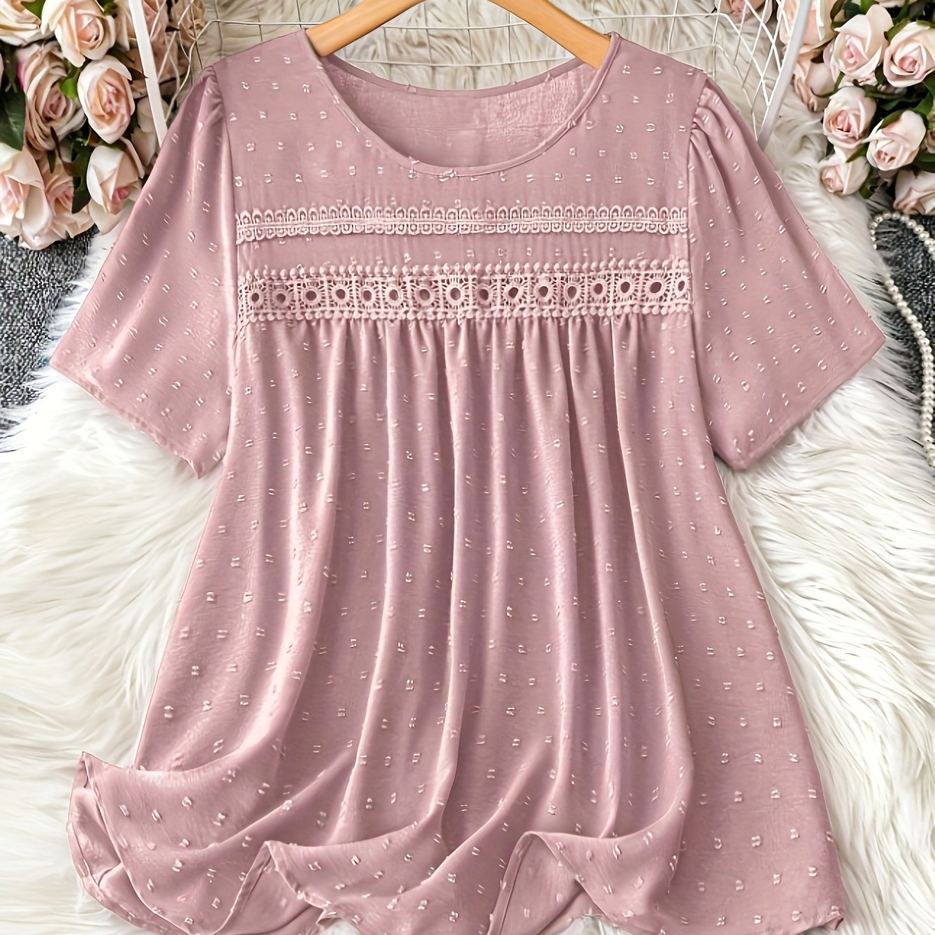 E-shop Plus Size - Plus Size - Sommer Plus Size Damen Schweizer Punkt Spitze Patchwork Rundhals Kurzarm Shirt