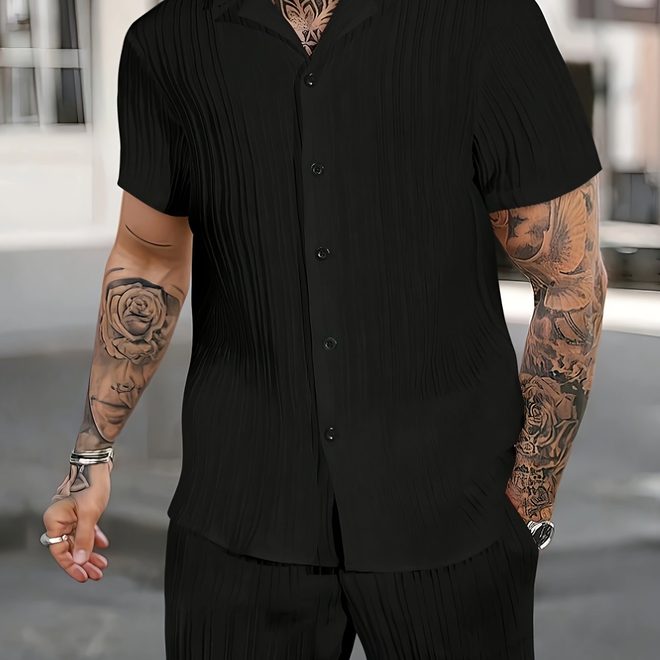 TEMU Men's Bohemian Summer, Vacation Casual Solid Color Lapel Short Sleeve Shirt And Shorts Set