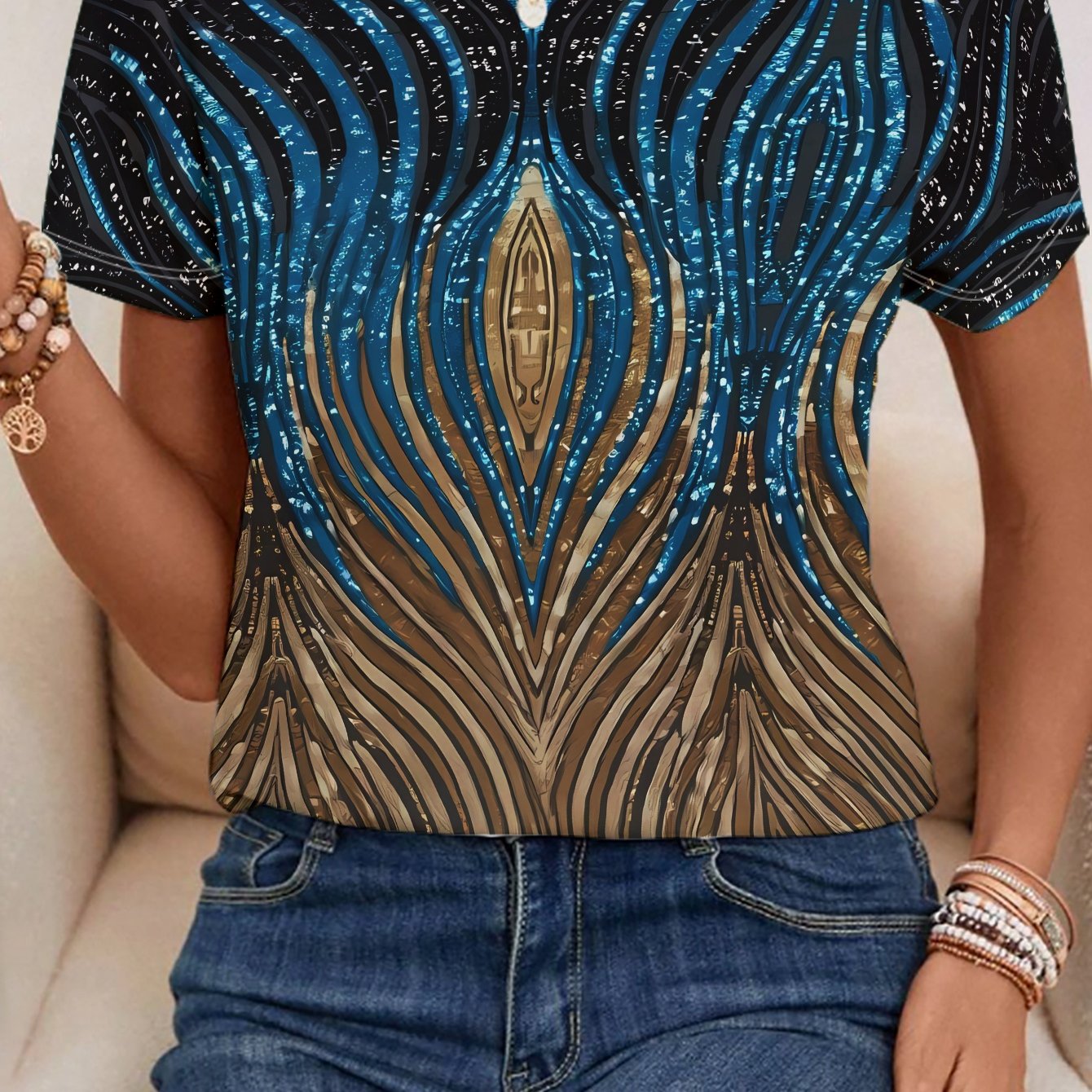 TEMU Women's Short Sleeve T-shirt Summer New Peacock Print Fashion Versatile Casual