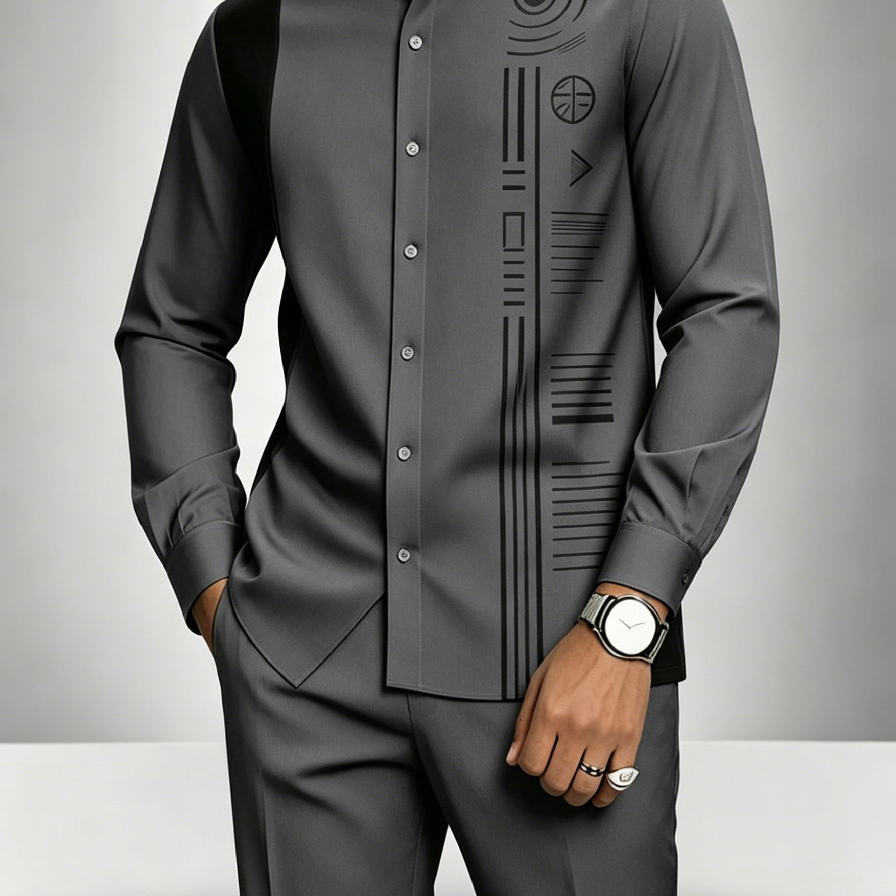 Image of Men's Long-sleeve Shirt And Long Pants Two-piece Set, Collar Long-sleeve Shirt With Casual Sports Pants, , Suitable Casual Outdoor Daily Wear In
