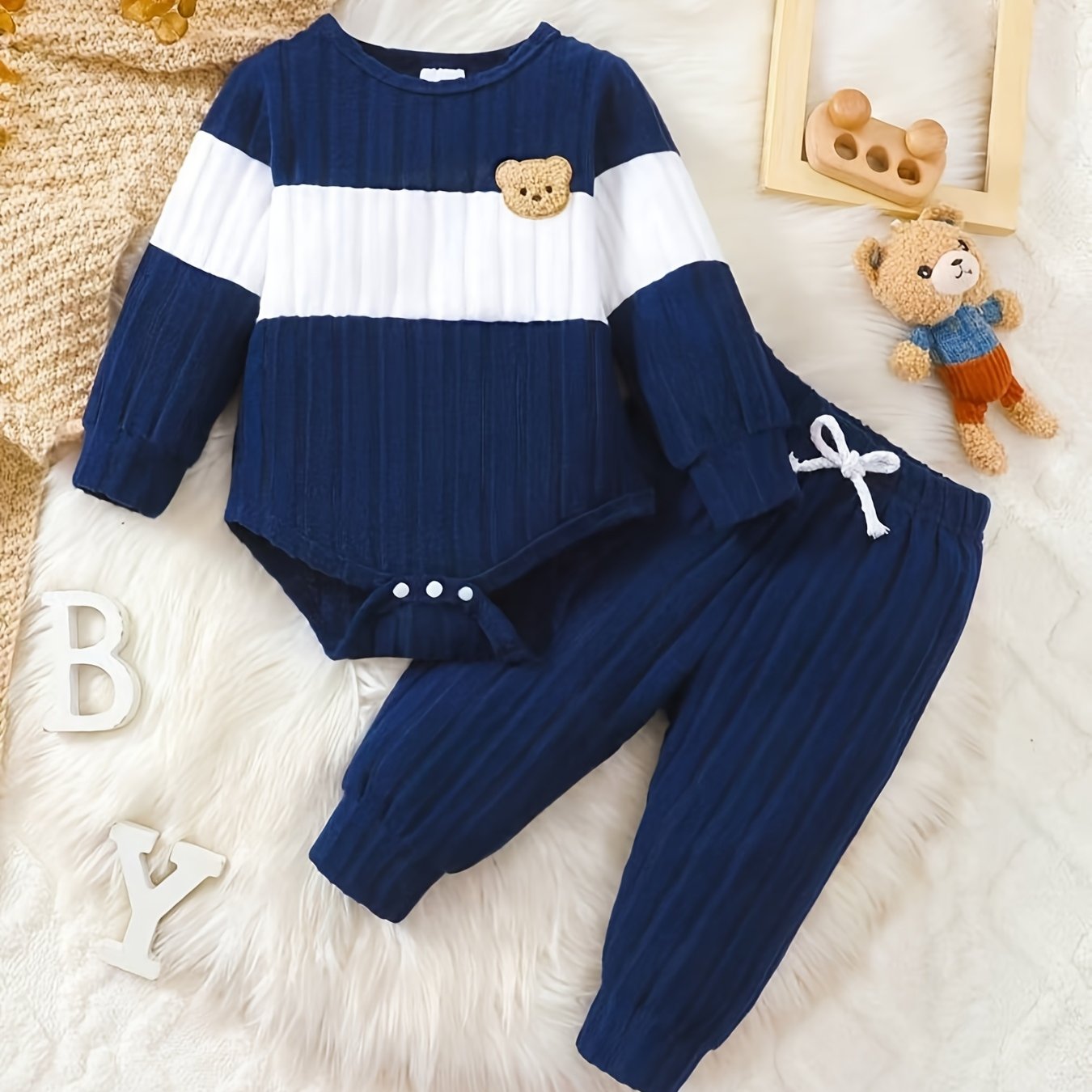2pcs Set Toddler Boy Casual Cartoon Bear Pattern Bodysuit And Fake Drawstring Decor Joggers P102075, For Outdoor