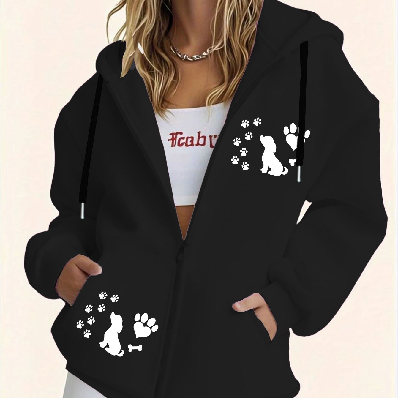 TEMU Women's Fleece-lined Hooded Sweatshirt With Cute Puppy & Paw Print - Cozy Winter Dog-themed Pullover, 100% Polyester Zipper Hoodie, Machine