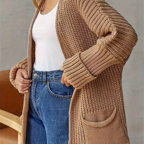solid color open front pockets cardigan versatile long sleeve rib knit for fall winter womens clothing