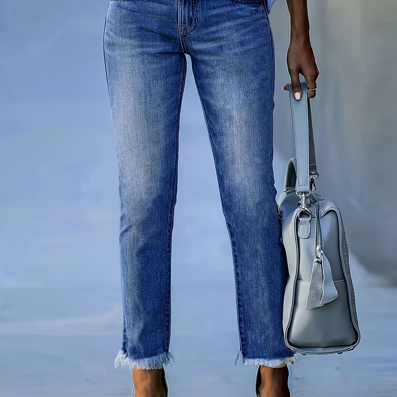 Women's Elastic Slim Fit Frayed Hem Washed Denim Jeans