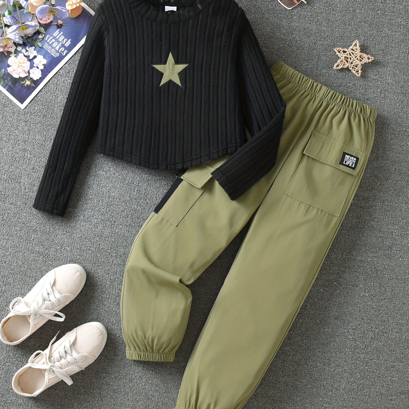 TEMU Cargo Style 2-piece Girl's Star Pattern Long Sleeve Ribbed Tee + Jogger Trousers Set - Versatile Comfy For Spring/ Fall Casual Wear, Gift Idea