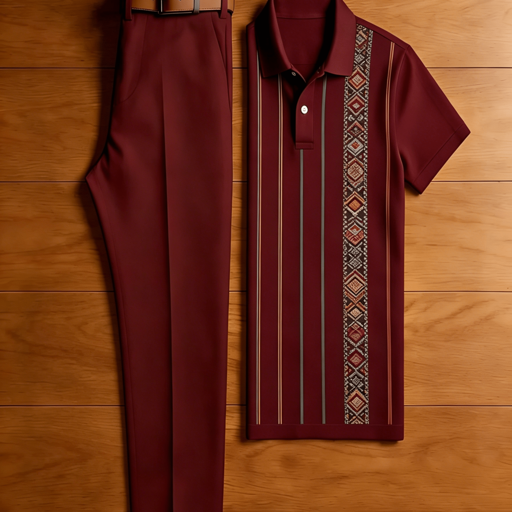 Men's 2pcs Outfit Set, Ethnic Diamond Vertical Striped Print Short Sleeve Lapel Shirt + Solid Burgundy Straight Leg Dress Pants, Casual Wear 2pcs Suit, Summer Breathable Gentleman Matching Outfits For