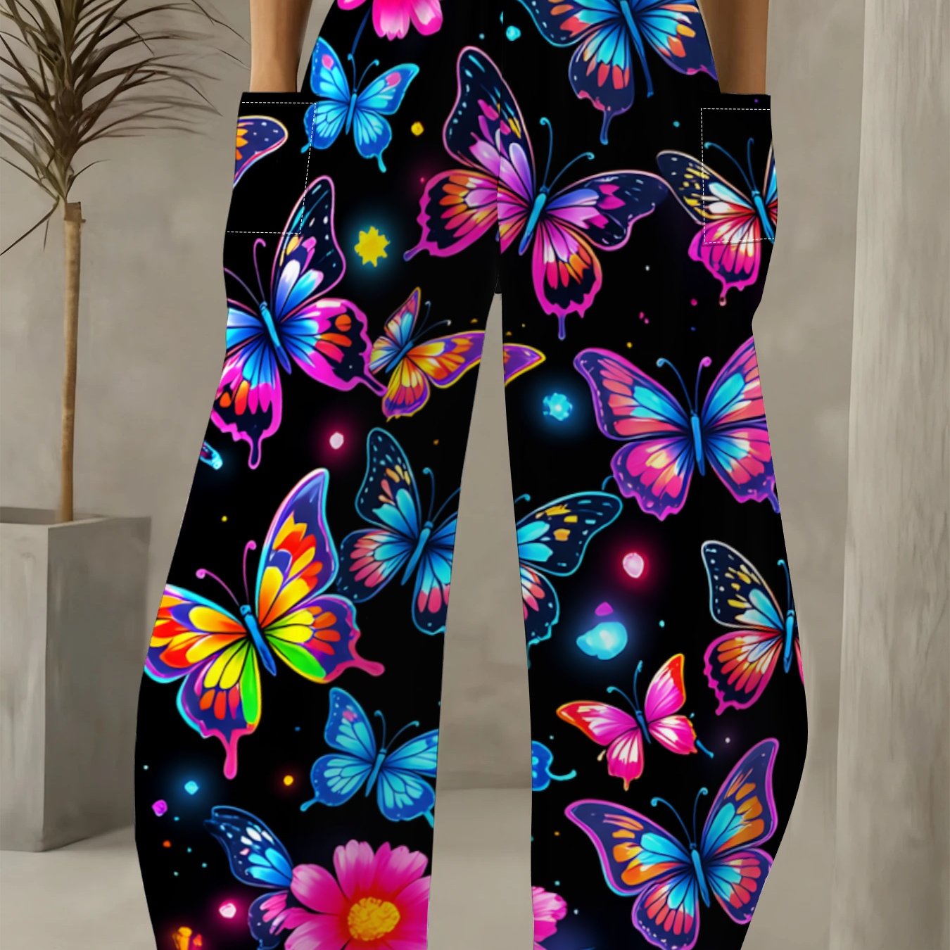 TEMU Hot Street Style Pants | Neon Graffiti High-waist Flowy Floor-length Pants For Women, Summer
