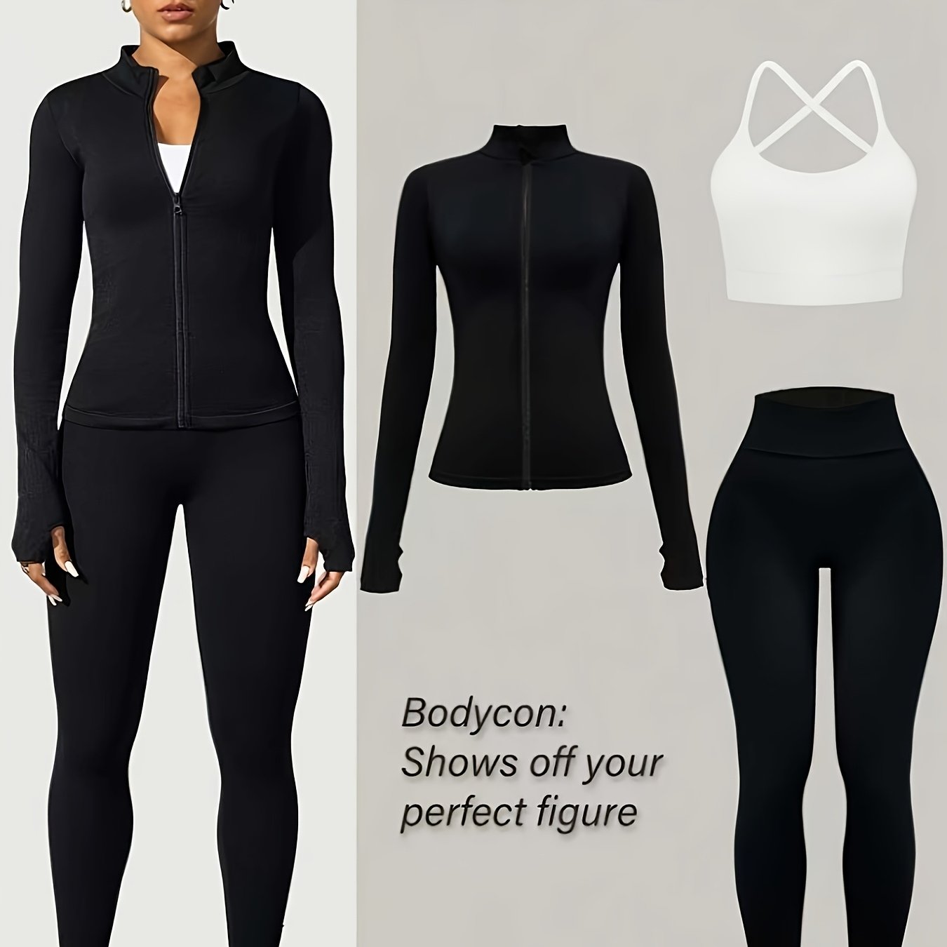 Image of 3pcs Women's Sports And Leisure Suit - Full Zip Contrasting Black Thumb Hole Top + White Crossover Sports Bra + High Waist Yoga Versatile Shaping Leggings, Autumn And Winter Suit, Comfortable Fabric