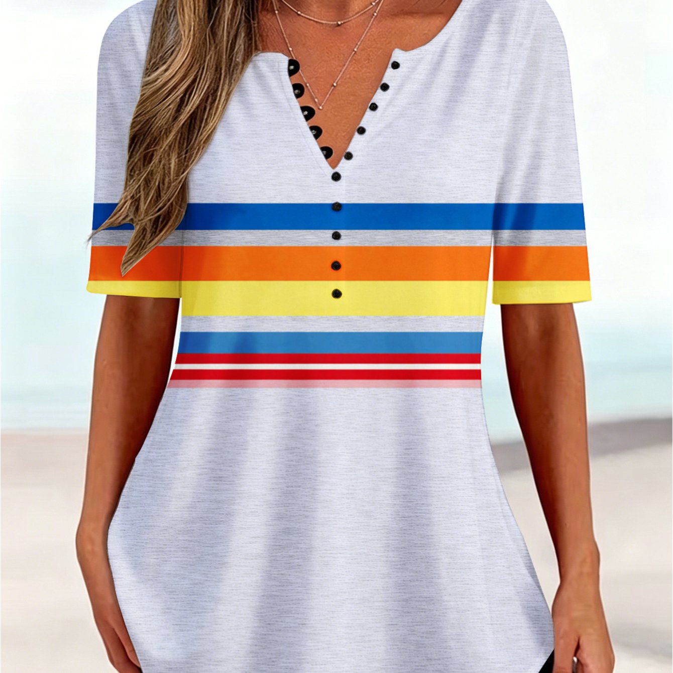 Image of Plus Size, Plus-size Casual Tops Colorful On White Women's Summer Casual Wear Machine Washable Wear