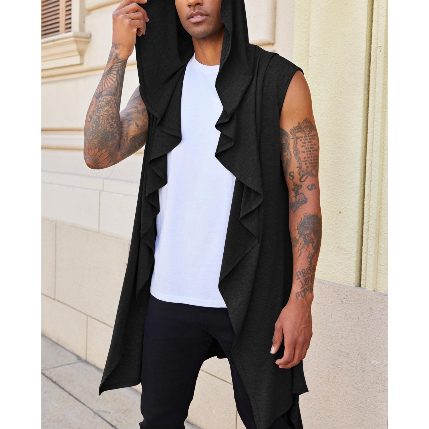 Image of Lightweight Cape Coat For Men Featuring A Long Hood, Sleeveless Design, Jacket Style, And A Scarf Collar