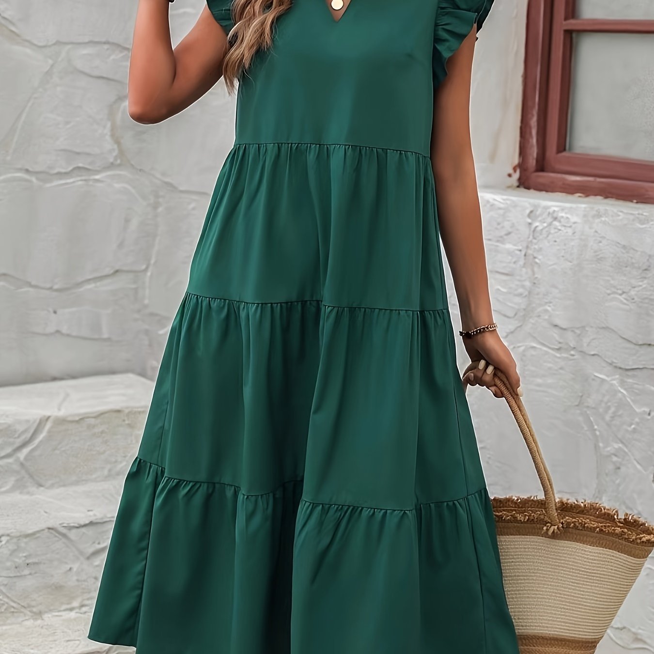 TEMU Ruffle Hem V Neck Loose Dress, Elegant Flutter Sleeve Dress For , Women's Clothing