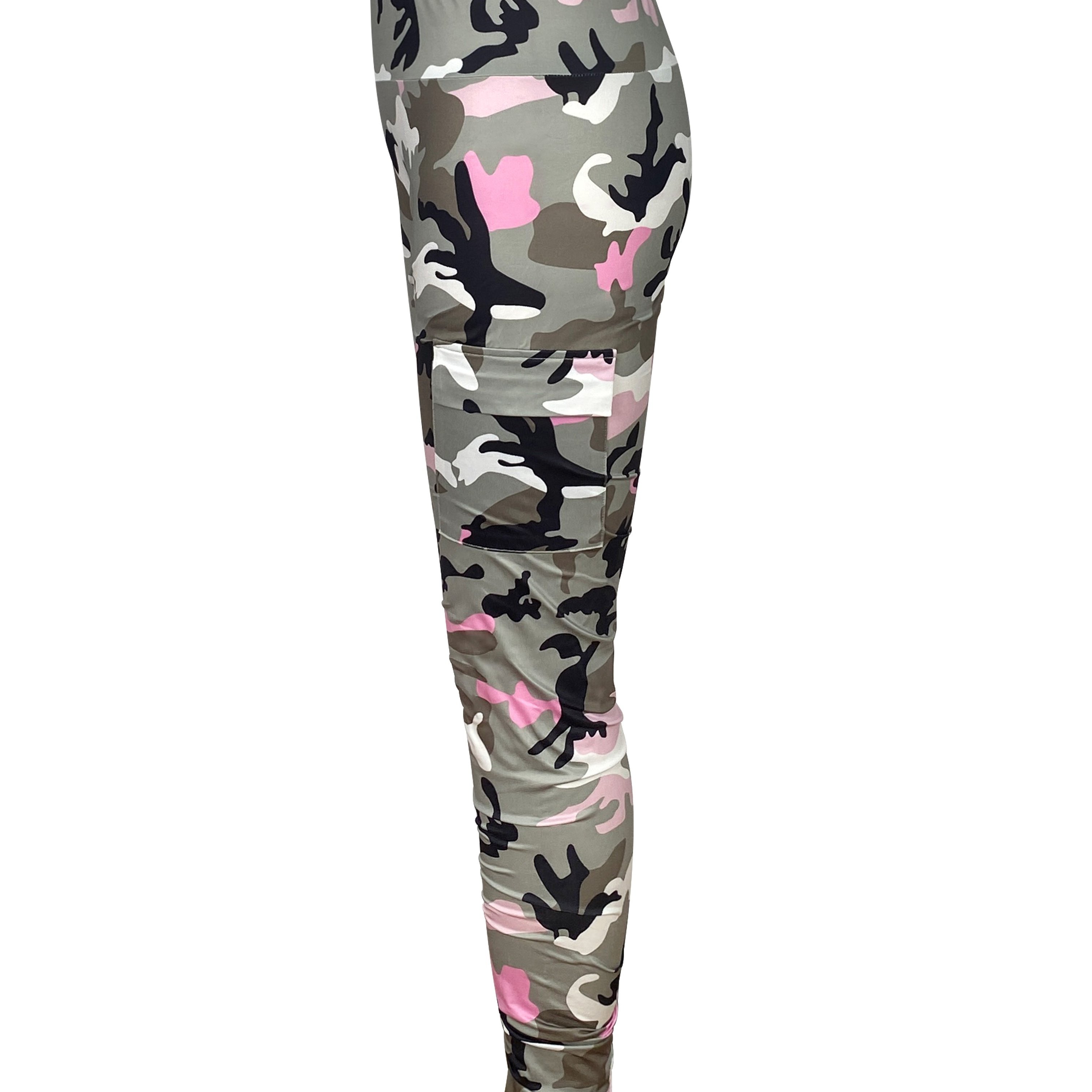 TEMU Women's Elegant Camouflage Print High-waisted Leggings With Simulated Pockets - Stretch For , Perfect For Spring/summer/fall