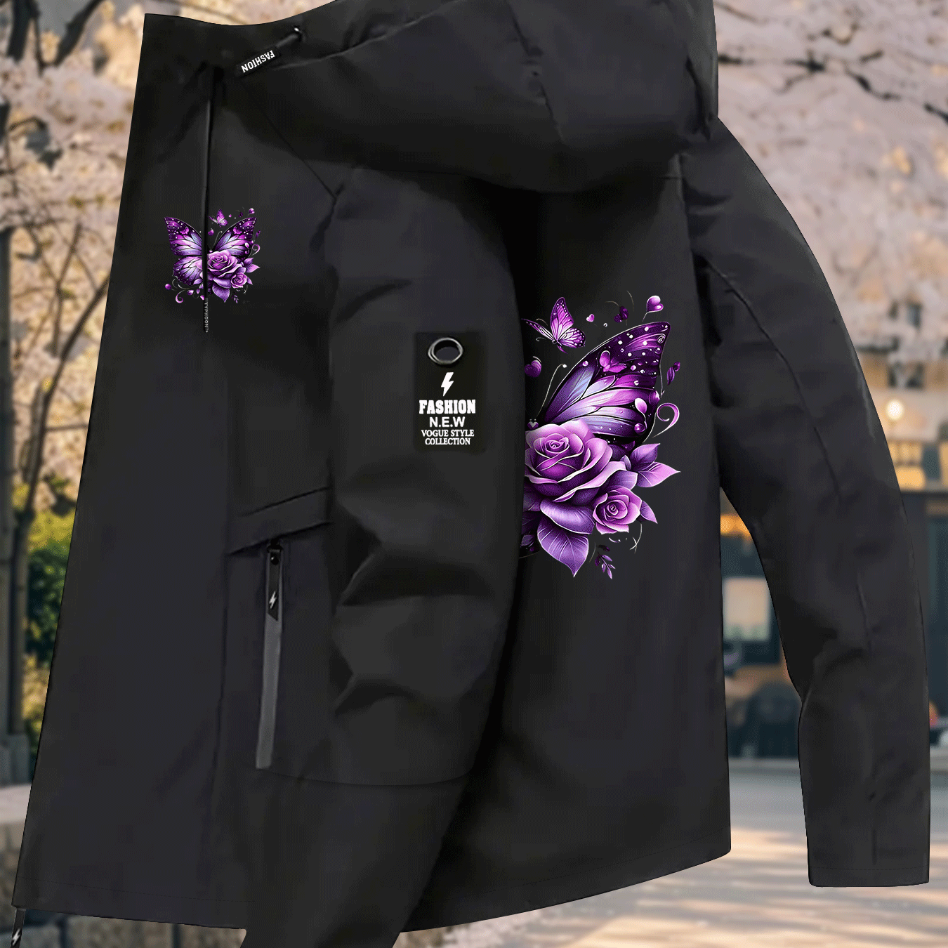 Image of Women's Lightweight Breathable Hooded Windbreaker Jacket, Purple Rose Print Outerwear. Light And Weightless When Worn, With A Loose Fit That . Suitable For Daily And Outdoor