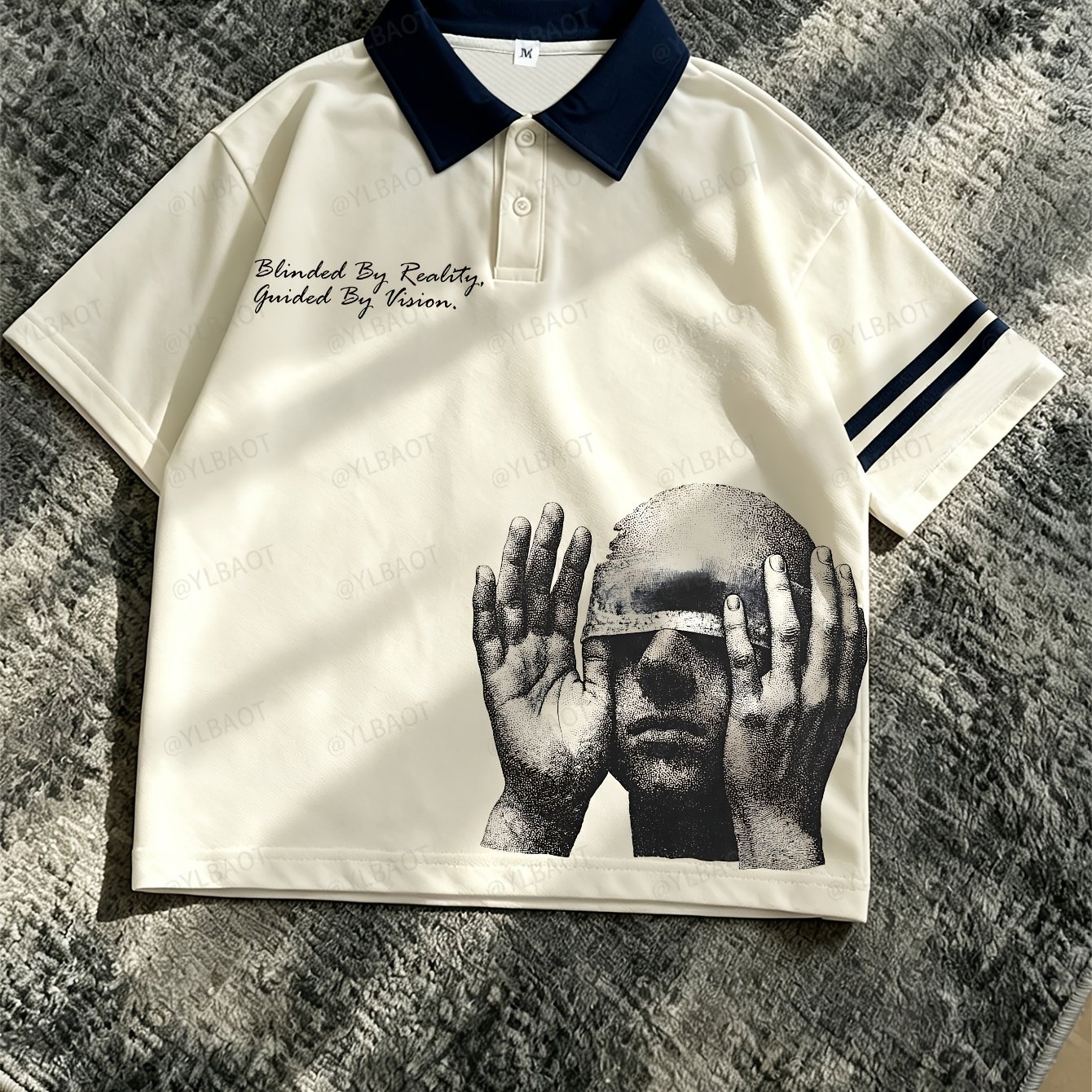 TEMU Short-sleeve Shirt Featuring A Vintage Lapel And Double-stripe Cuffs. The Front Is Printed With A Black-and-white Dotted Illustration Of A