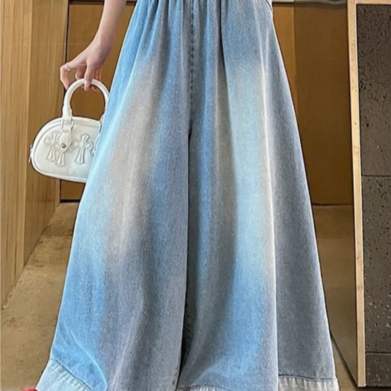 TEMU プラスサイズ レディース レトロストレートレッグジーンズ 新作夏スタイル 鳳凰木パンツ 伸縮ウエスト ルーズワイドレッグパンツ