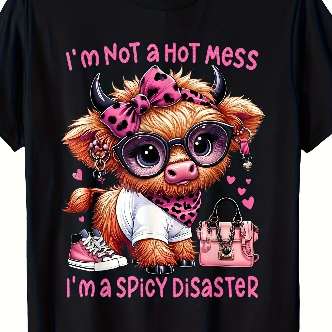 TEMU This Is A Graphic Tshirt Featuring A Cartoon Highland Cow With ' A ' In Pink 's Ideal For Casual Birthday Presents Or Everyday Wear Plus Size