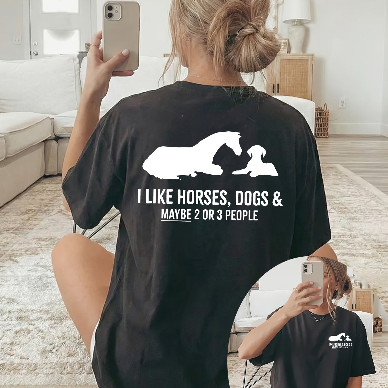 TEMU [double-sided Printing] Women's T-shirt, Short-sleeved Round Neck Casual Top, White Horse And Dog Silhouette Text Print, Machine Washable,