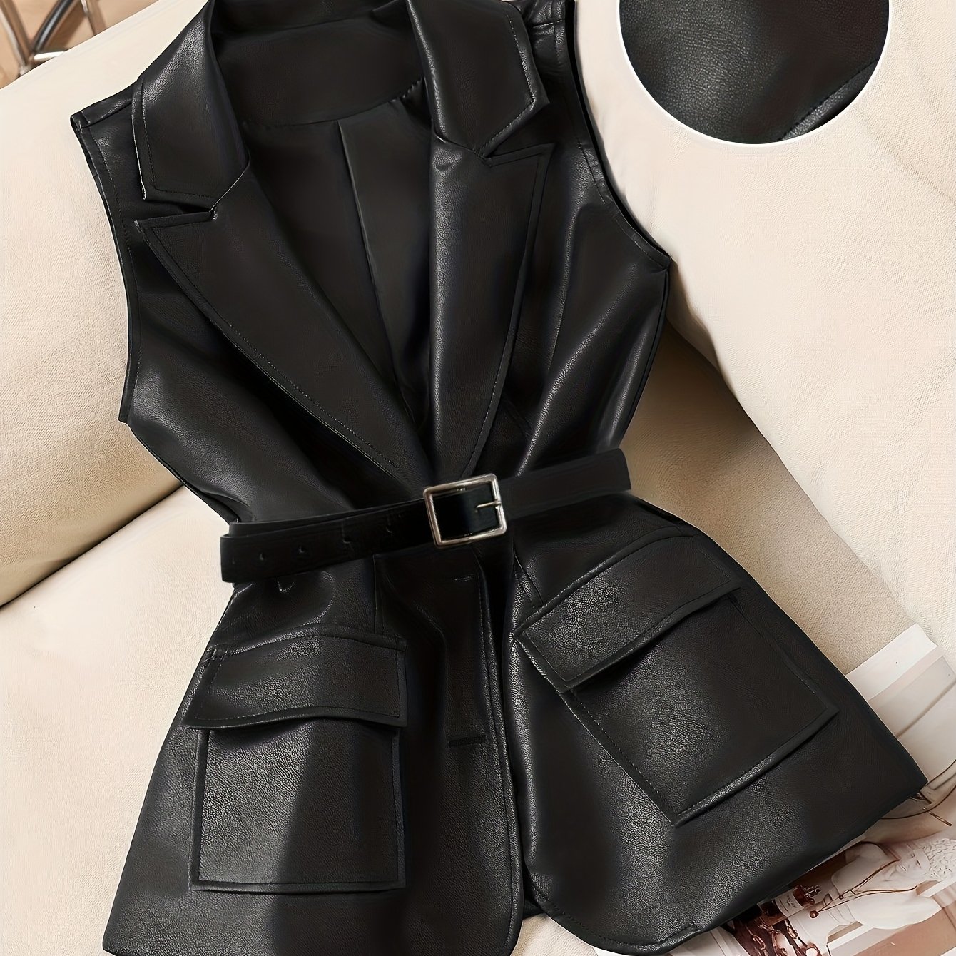 E-shop Modische lässige einfarbige einfache Revers--Button Herbst Winter Damen Ärmellose Weste Kunstlederjacke (Gürtel nicht enthalten)