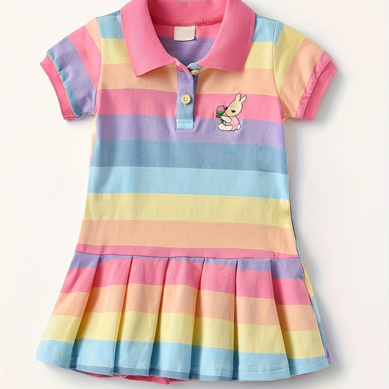 Image of Girls' Back-to- Summer New Striped Rabbit Embroidered Short-sleeve Dress, Cute Preppy Style Comfortable Breathable Dress