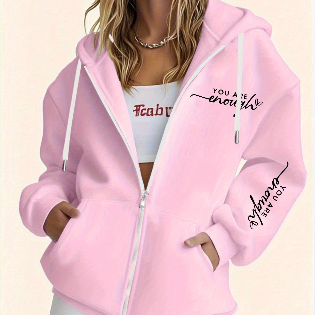 TEMU Plus Size - Women's Plus Size Casual Zip-up Hoodie Featuring A Stylish Design With Letter Prints, Printed Patterns On And Sleeves, Comfortable