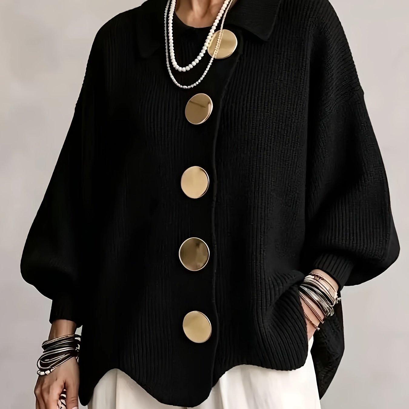 TEMU cardigan à manches longues et à pour femme grande taille, coupe décontractée de style français, pull à gros boutons, haut polyvalent et élégant