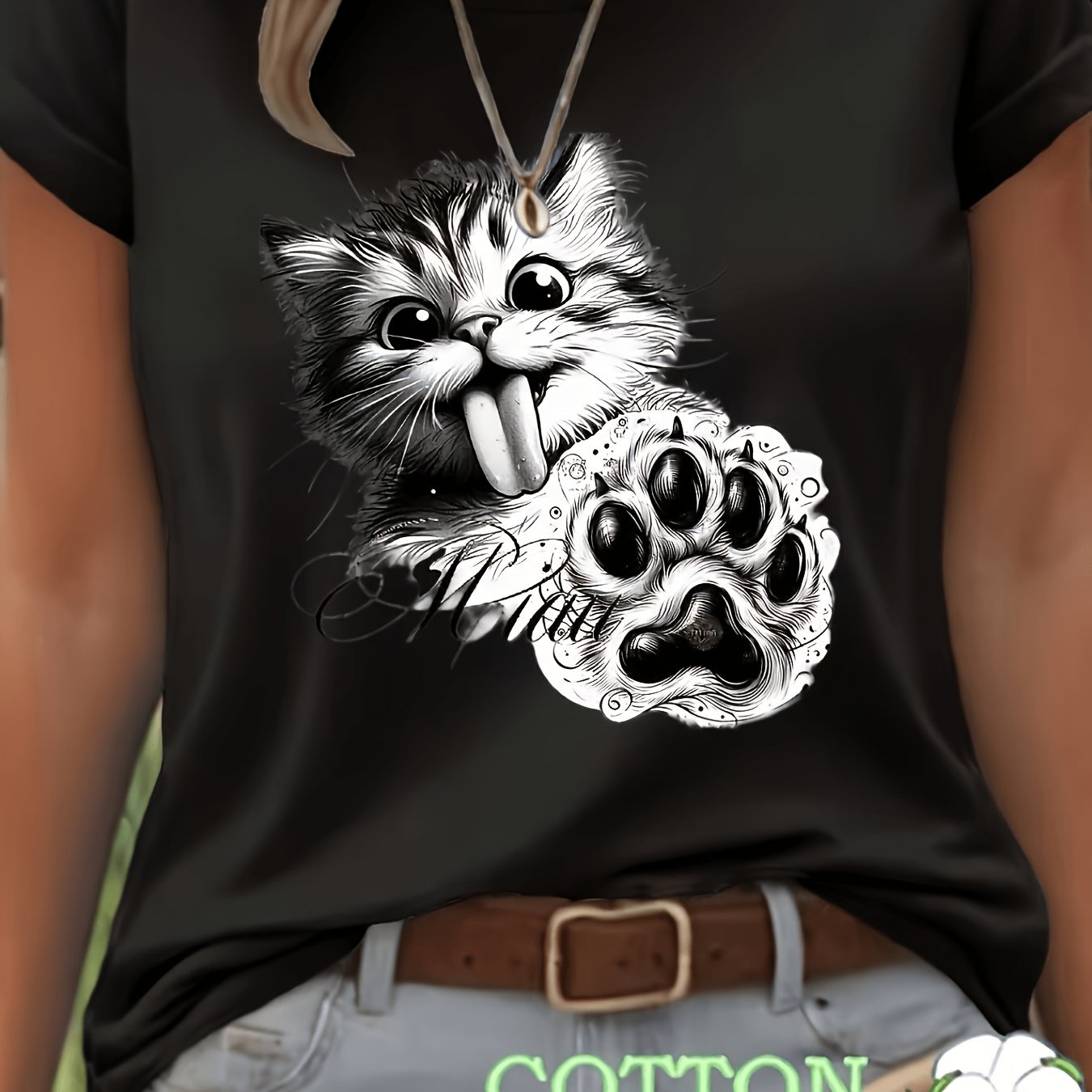 Image of Ladies' Cat Print Short Sleeve T-shirt | Casual Crew Neck, Medium Stretch Fabric, Anime Pattern, Regular Fit For Summer