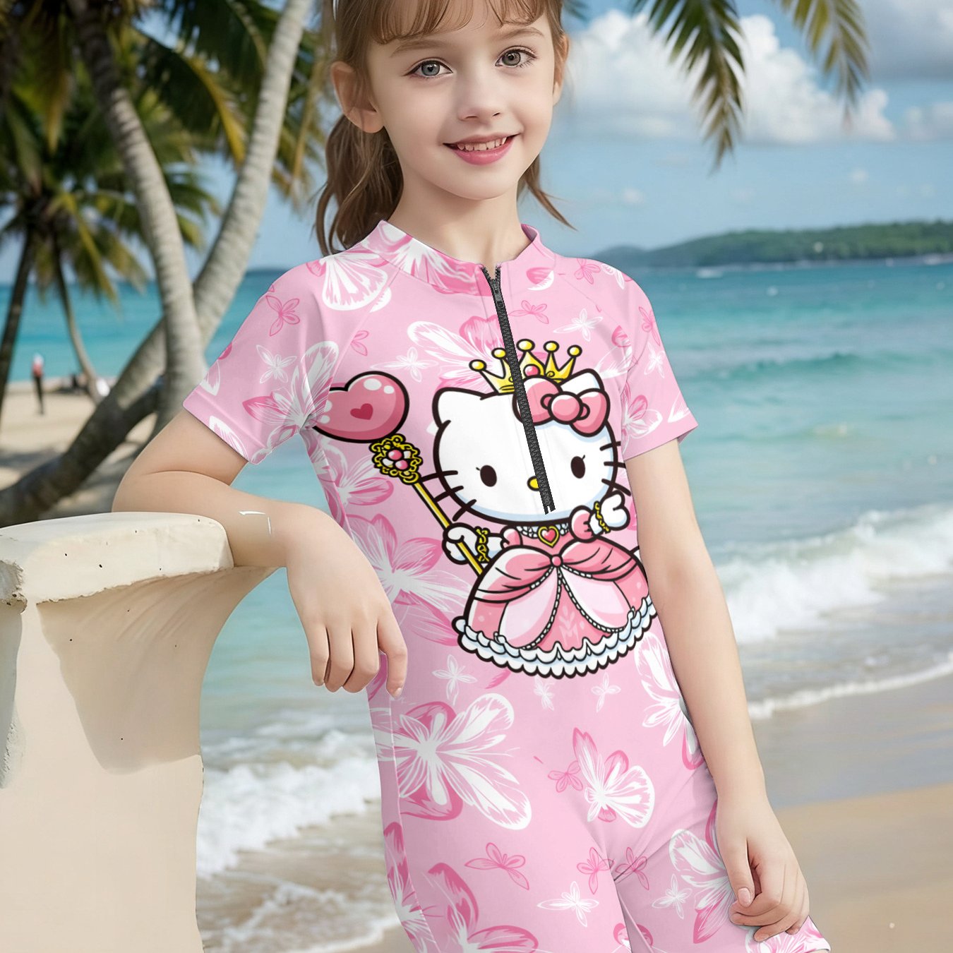 Hello Kitty Girls' One-piece Swimsuit, 50+ Zippered Short-sleeve Swimsuit, Crown Pattern In Pink, Suitable For Children To Use Or Pool