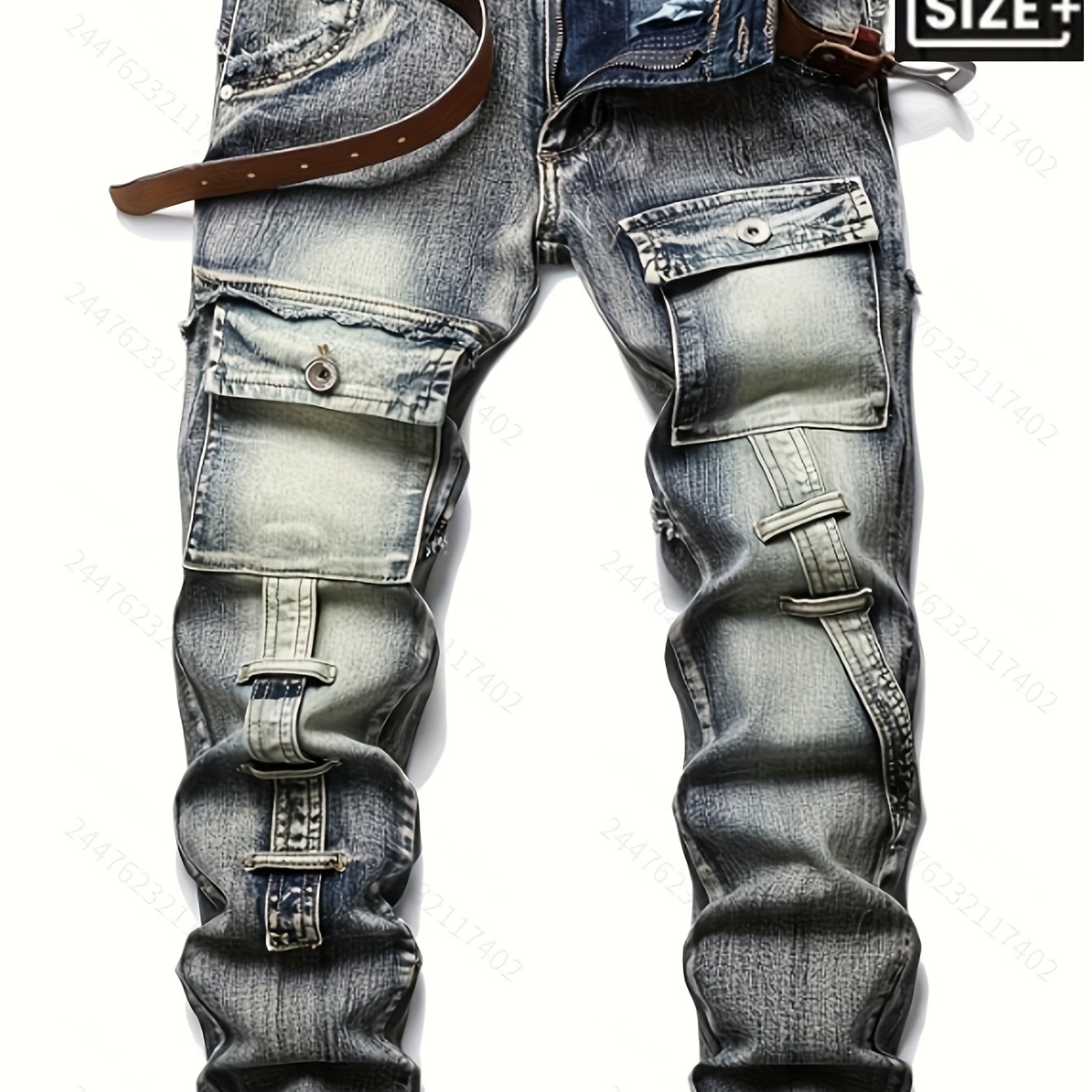 TEMU [hme] New Autumn American Men's Jeans, Workwear-style Long Pants, Three-dimensional Cut And Multi-, Button Decoration, Fringed Hem, Mid-waist