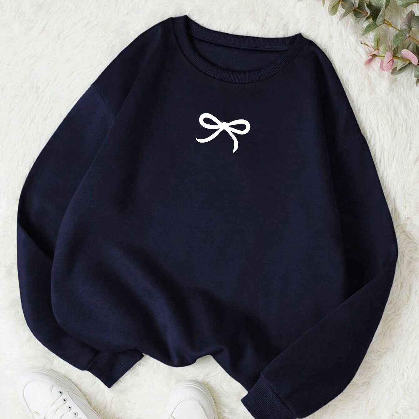 TEMU D325 - Spring/autumn Loose-fit Comfortable And Stylish Women's Clothing, Soft And Elegant Bow Print, Trendy, Daily, Simple, Casual, Versatile,