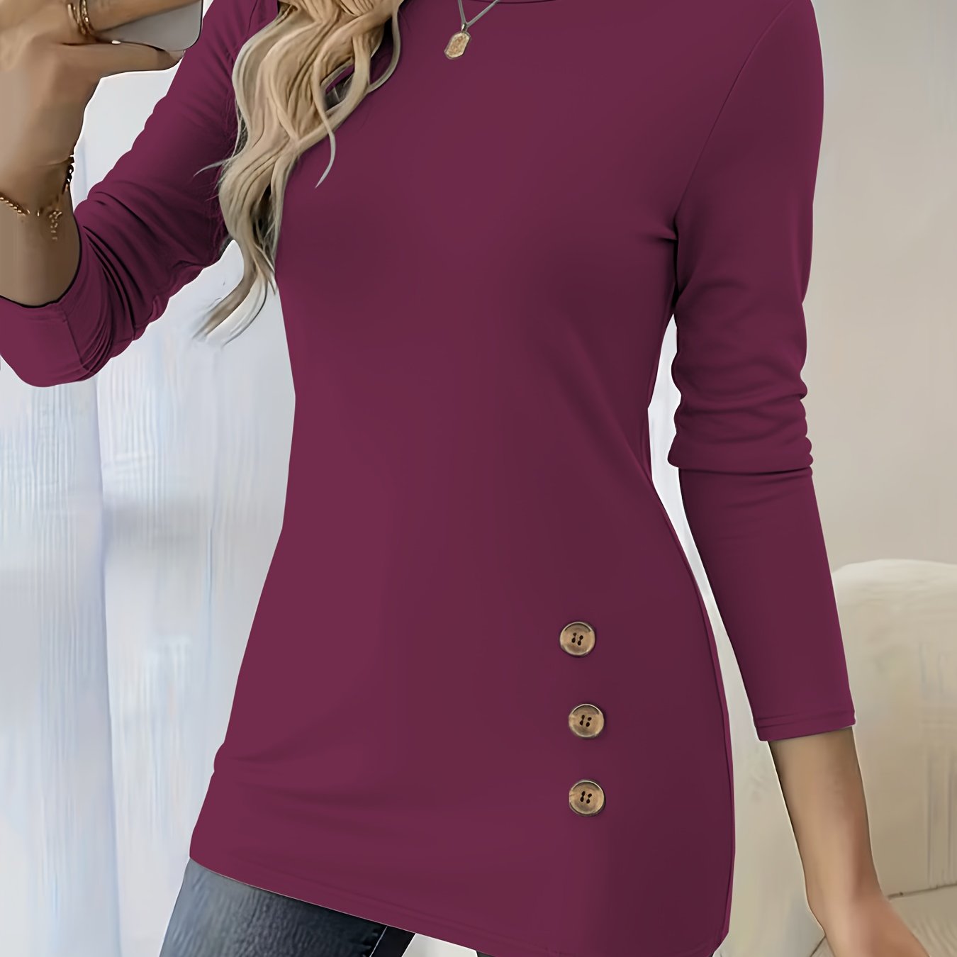 TEMU Women's Elegant Solid Color Long Sleeve Shirt - Fitted Round Neck Tailored Top, Machine Washable Suitable For Daily Wear & Special Occasions,