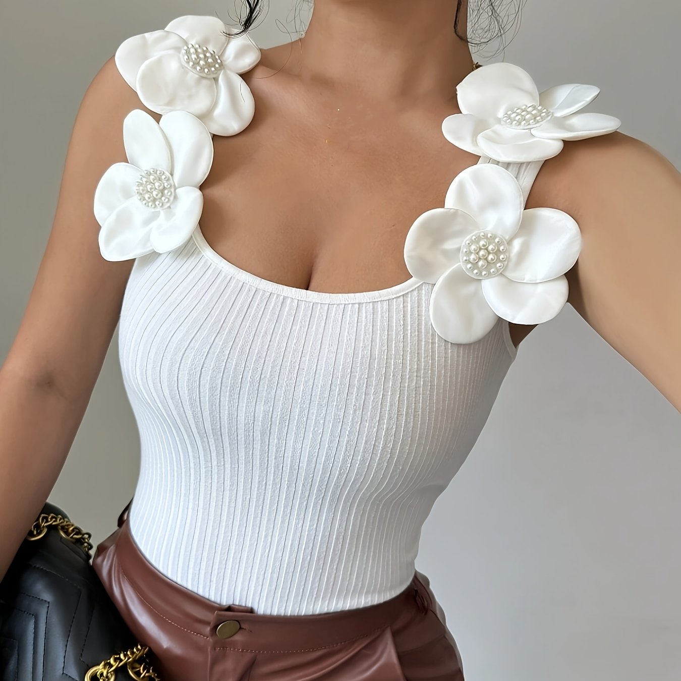 European And American Cross-border Versatile Floral Slim Fit Ribbed Women's Vest T-shirt Top