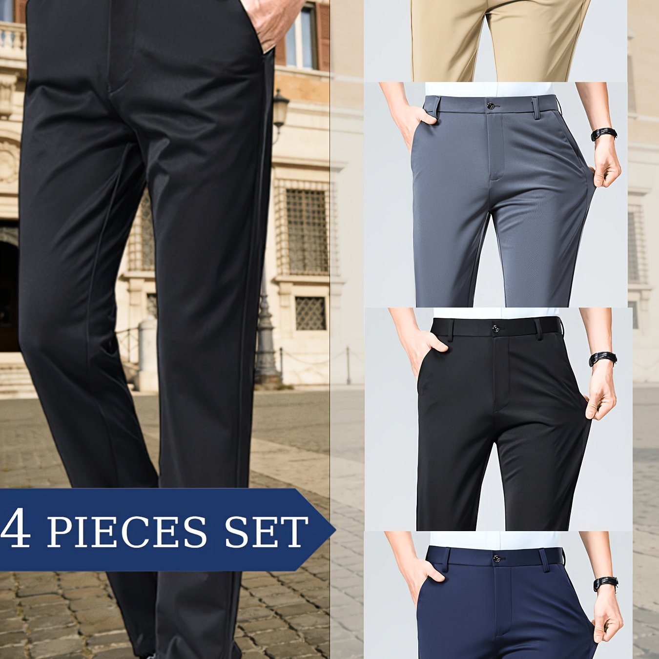 TEMU 4pcs Men' Solid Color Dress Trousers, Wrinkle-resistant And Non-ironing Comfortable Stretch Fabric, Multi-pocket Button-up Pants, Perfect For