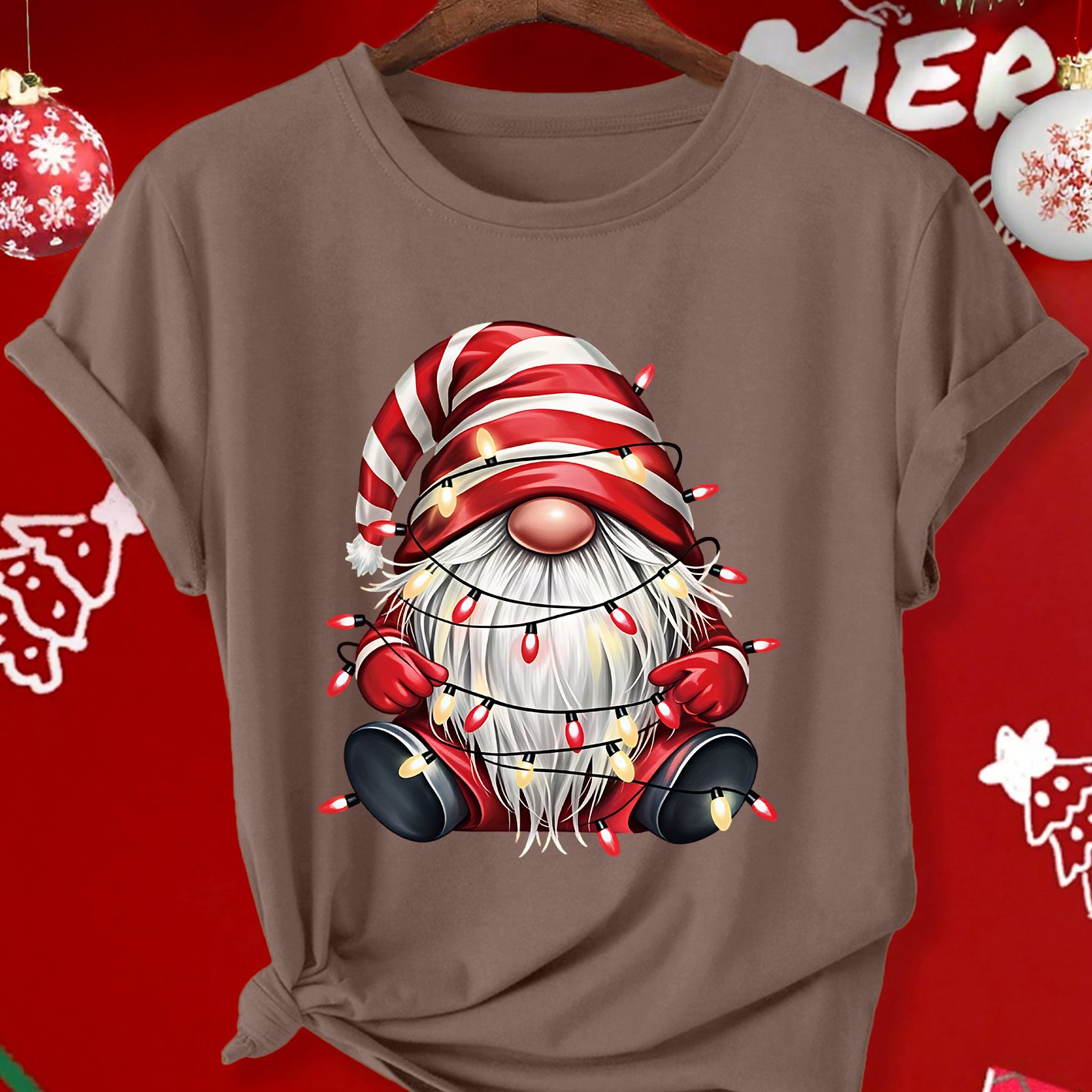 TEMU Women's Plus Size Christmas T-shirt - Striped Gnome Elf Print Short Sleeve -compatible Top | Stretch Crew Neck Loose Fit Suitable For Parties,