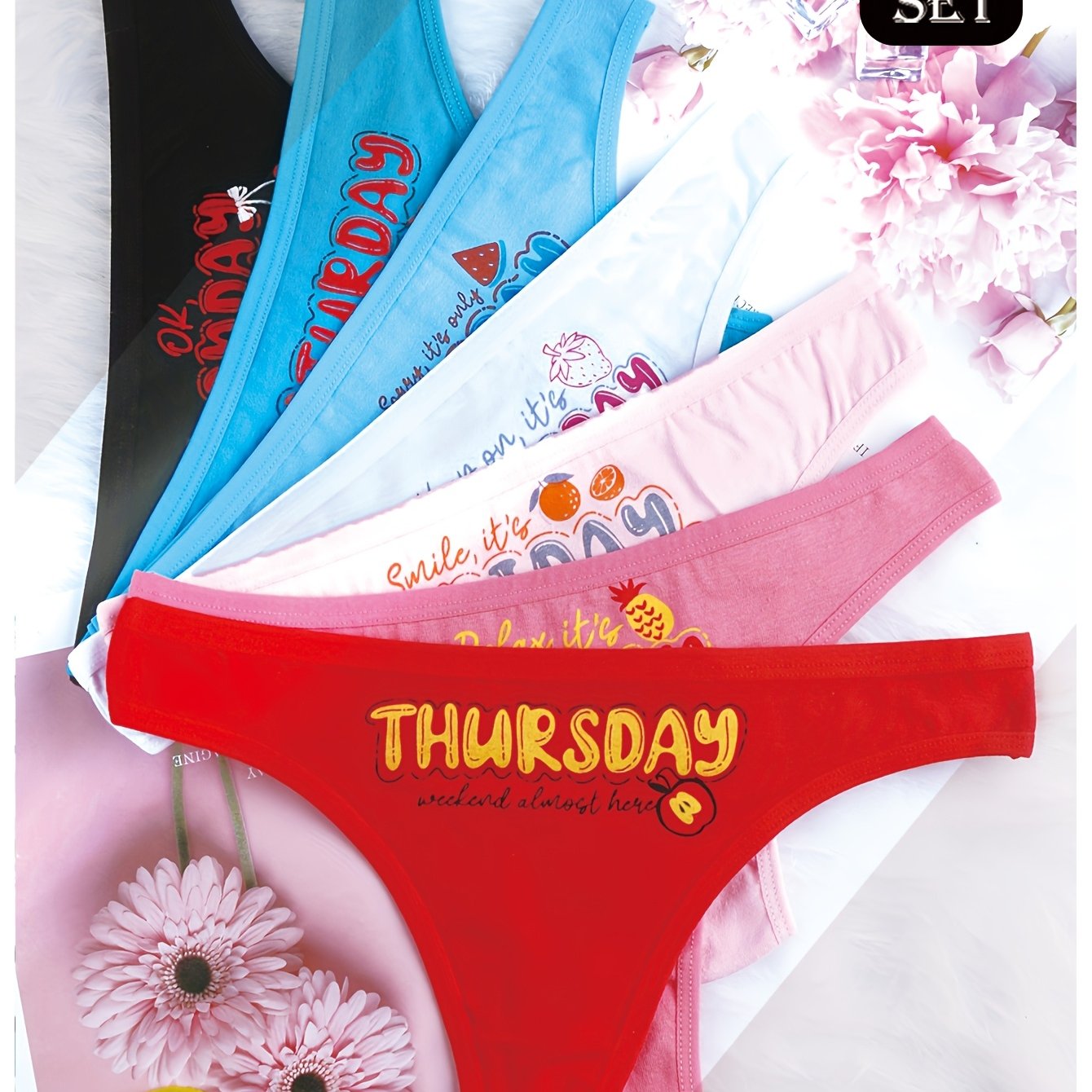 Image of 7pcs Women's Cute Low-rise Thongs - Breathable Stretch Underwear With Fun Letter Designs (black, Blue, White, Pink, Red) | Patterns | , Cute Underwear, Everyday Underwear, Design