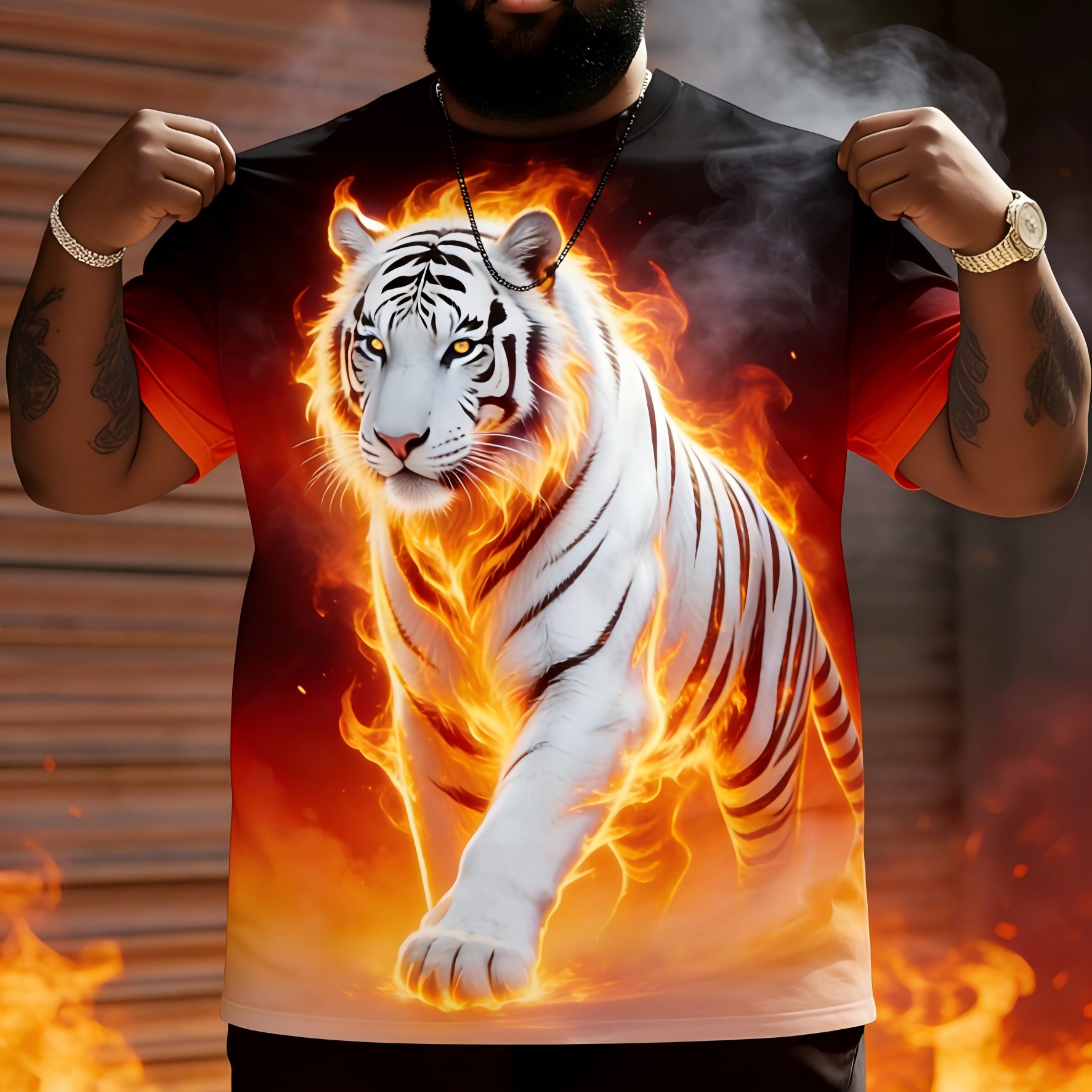 TEMU Men's Plus Size Short Sleeve T-shirt With Full-body Black-orange Gradient White Print - Crew Neck Casual Shirt, Suitable For Casual Attire &