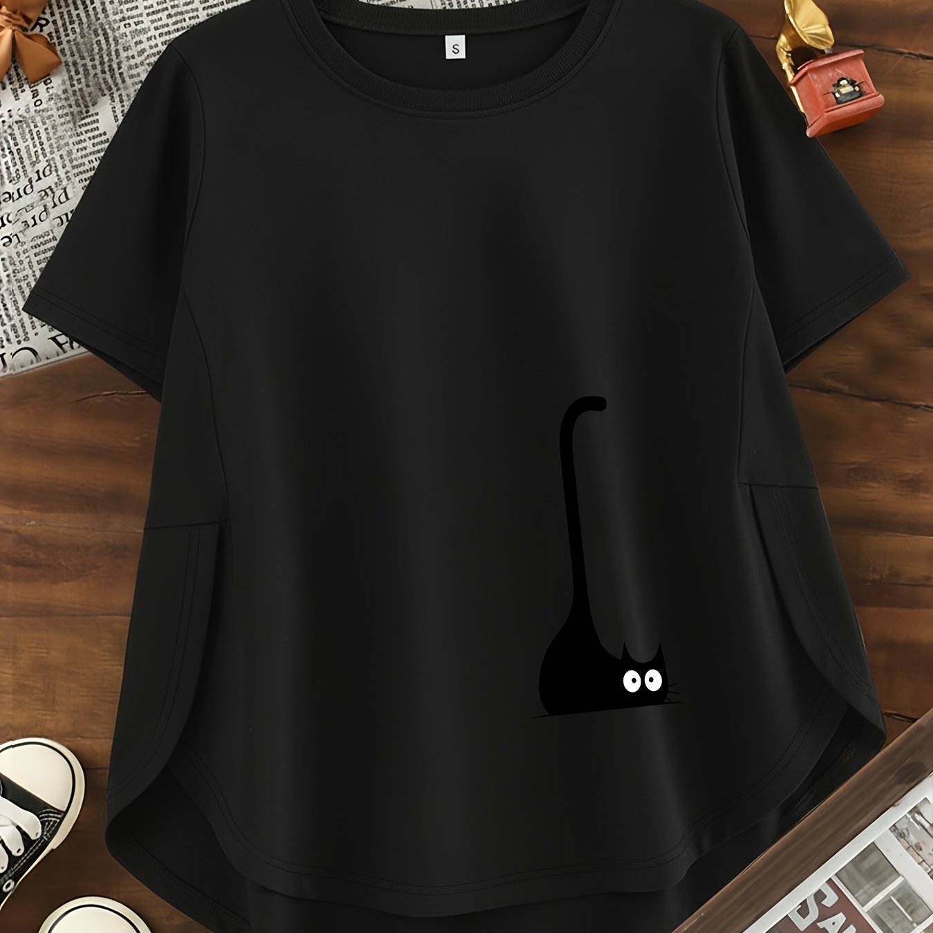 TEMU Casual Short Sleeve Crew Neck T-shirt | Breathable, Skin-friendly, Machine Washable, Cute Cartoon Print, Ideal For