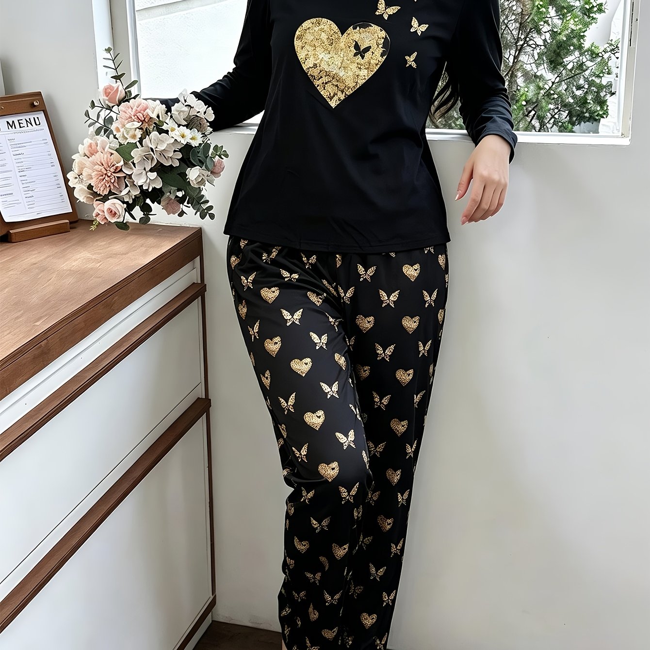 Autumn Winter Style Heart Print Women's Home Sleepwear Set