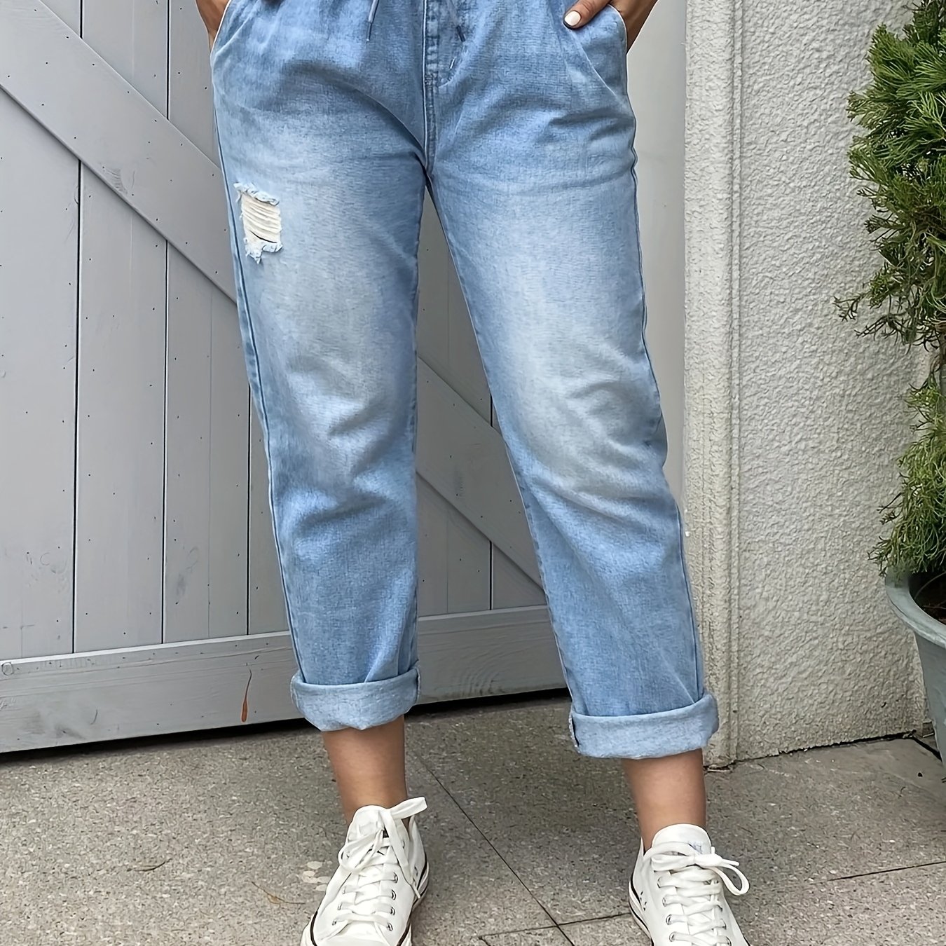 Image of 9625# Women's Ripped Ankle Jeans With Elastic Waistband, 25aw Style, Folded Hem, Fashionable And Versatile Casual Comfortable Drawstring Ankle Pants