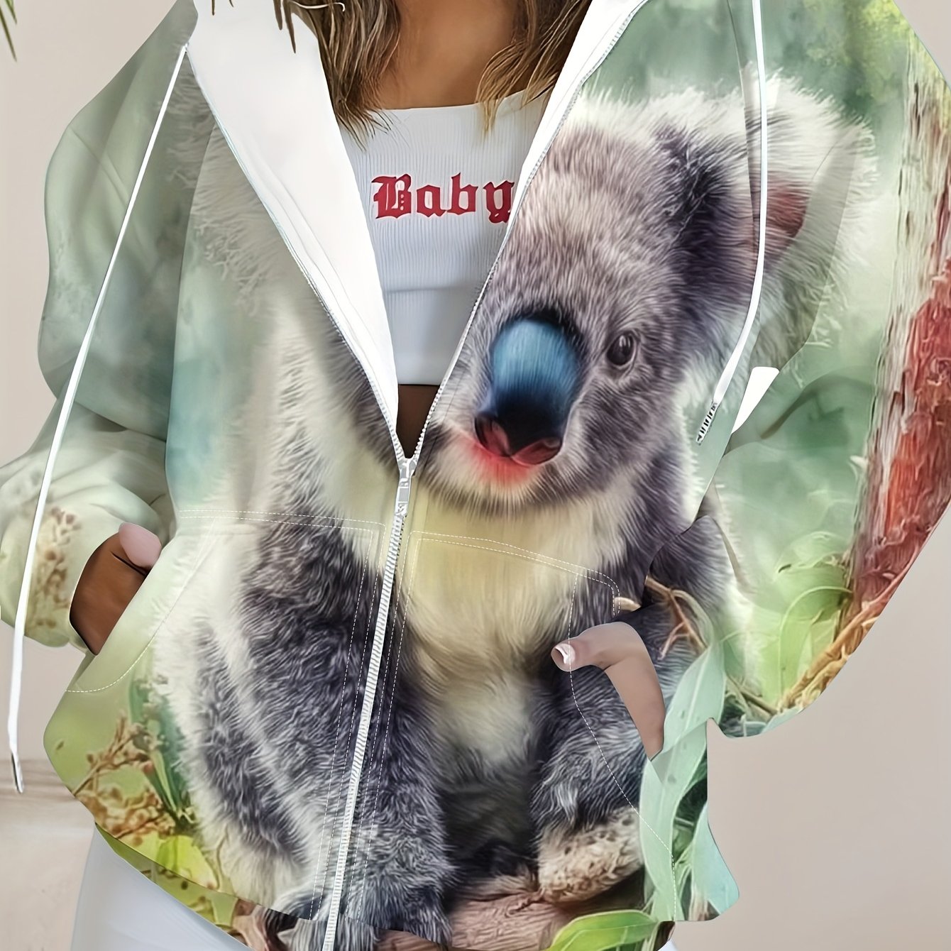 TEMU Plus Size, Cute Koala Pattern Women's Zip-up Sweatshirt, Casual And Fashionable, Plus Size Women's Zip-up Hooded Sweatshirt, Zip-up Hoodie,