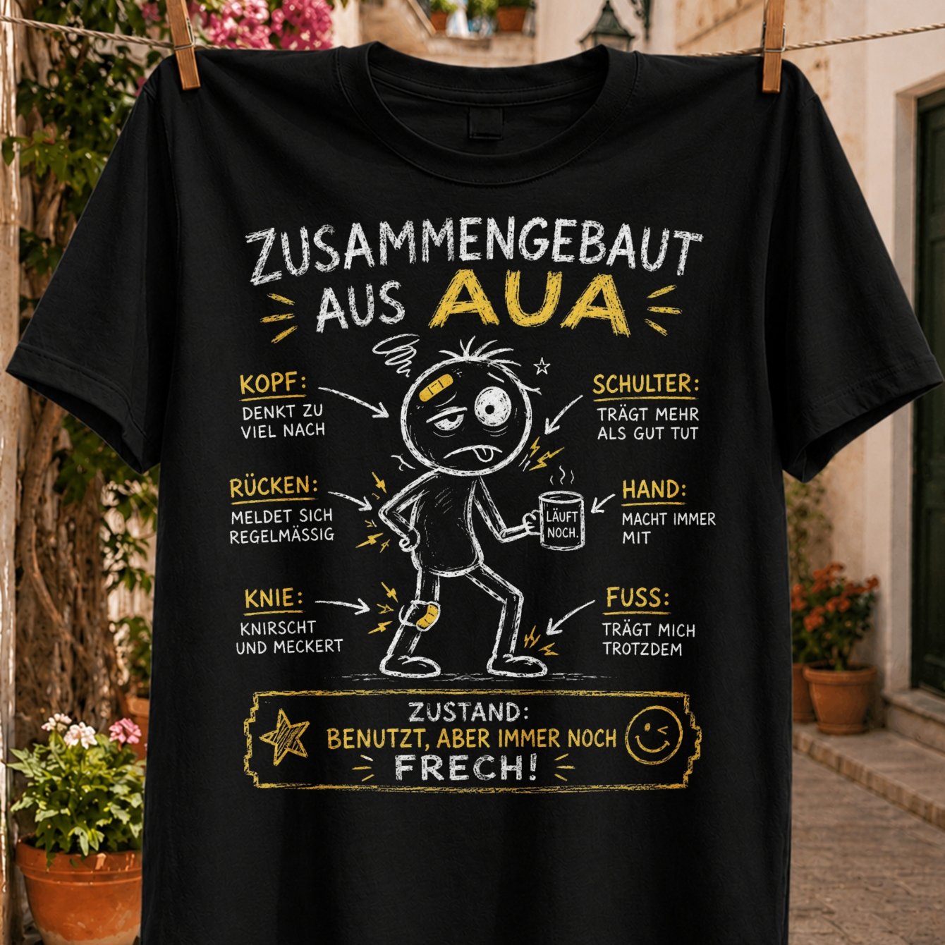 Image of Plus Size German Aua Body Pain Humor With Worn Labeled Head Back Knee Shoulder Hand And Foot Complaints Unisex All T-shirt, Plus Size