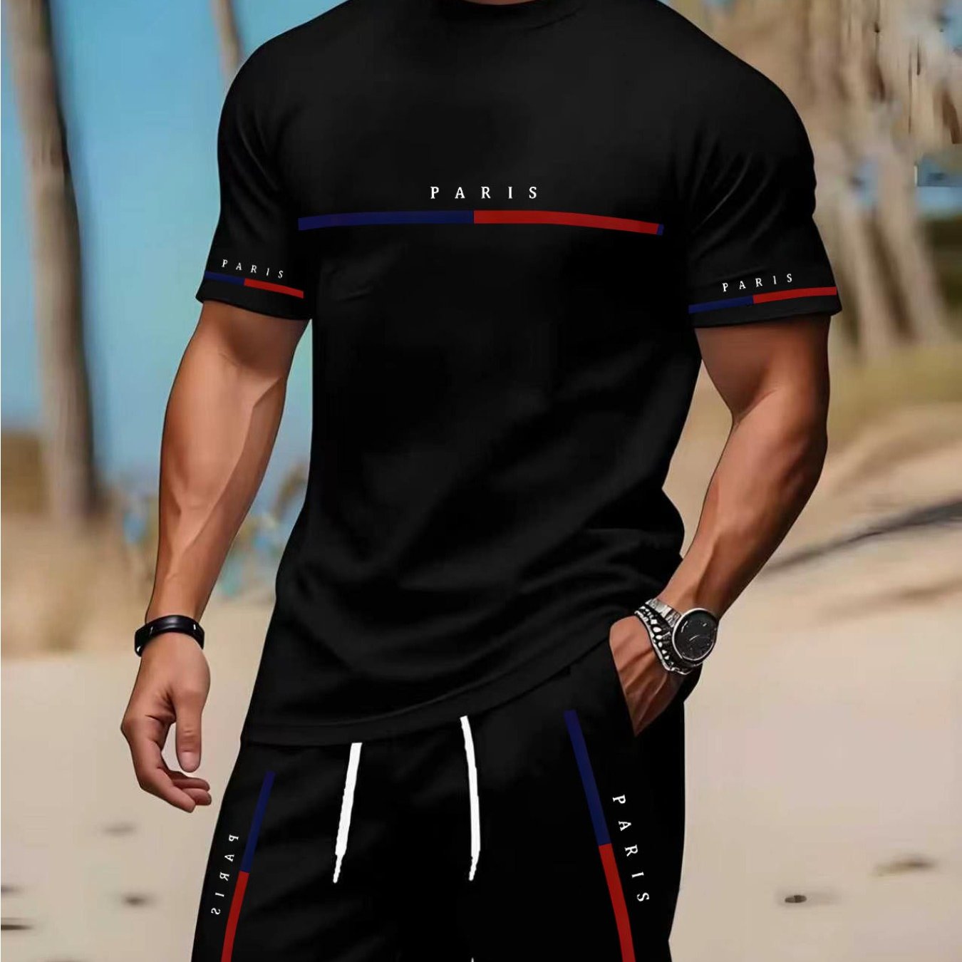 TEMU Men's Summer Casual Sportswear 2pcs Set For Gym And Running, Designed For Fitness Enthusiasts To Create A Sleek Upper-. The Navy Blue Color A