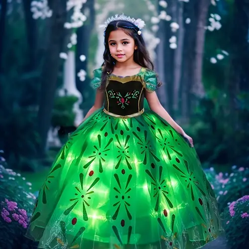 led light up princess tutu skirt for girls floral pattern mesh overlay with bubble sleeves halloween parties dance costumes green halloween costumes