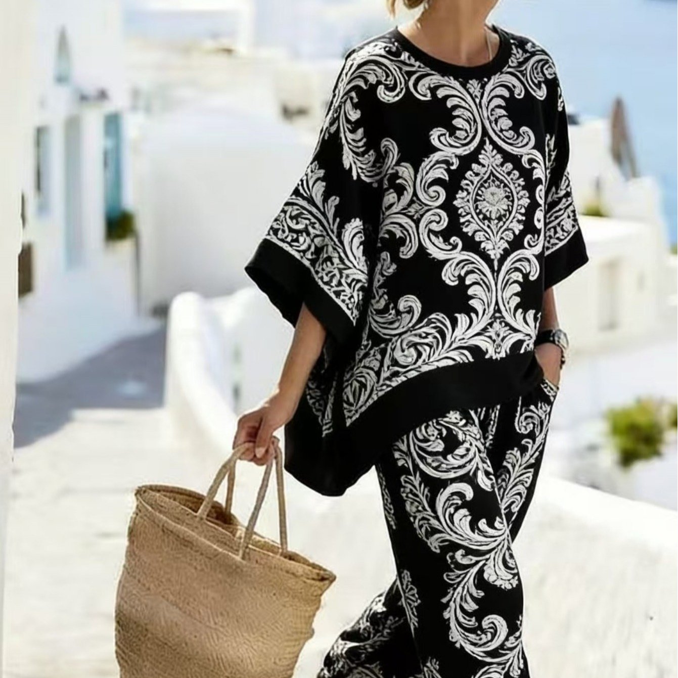 Image of The And Scheme Is With Intricate Baroque Acanthus Leaf Jacquard. Loose Batwing Sleeves Are Combined With Drapey Wide-leg Pants, Making It Suitable For Daily Casual Wear And Vacation .