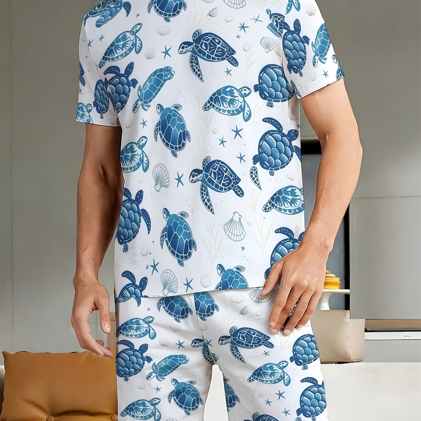 TEMU Latest Men's Homewear Outfit, Short Sleeve Crew Neck Tee And Shorts Set, Turtle Seashell Starfish Full Print, Fresh Animal Graphic Casual